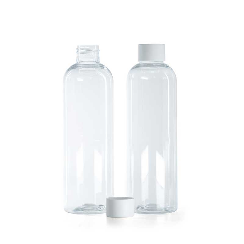Botella de plástico transparente, tapón blanco mate, 250 ml