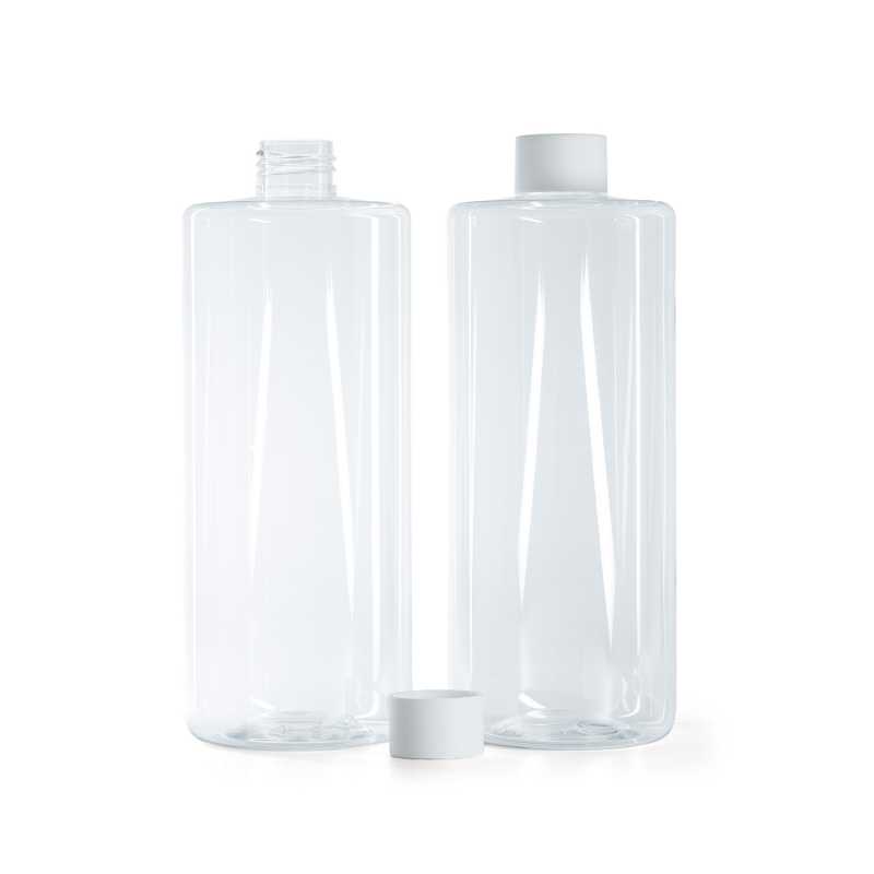 Botella de plástico transparente, tapón blanco mate, 500 ml