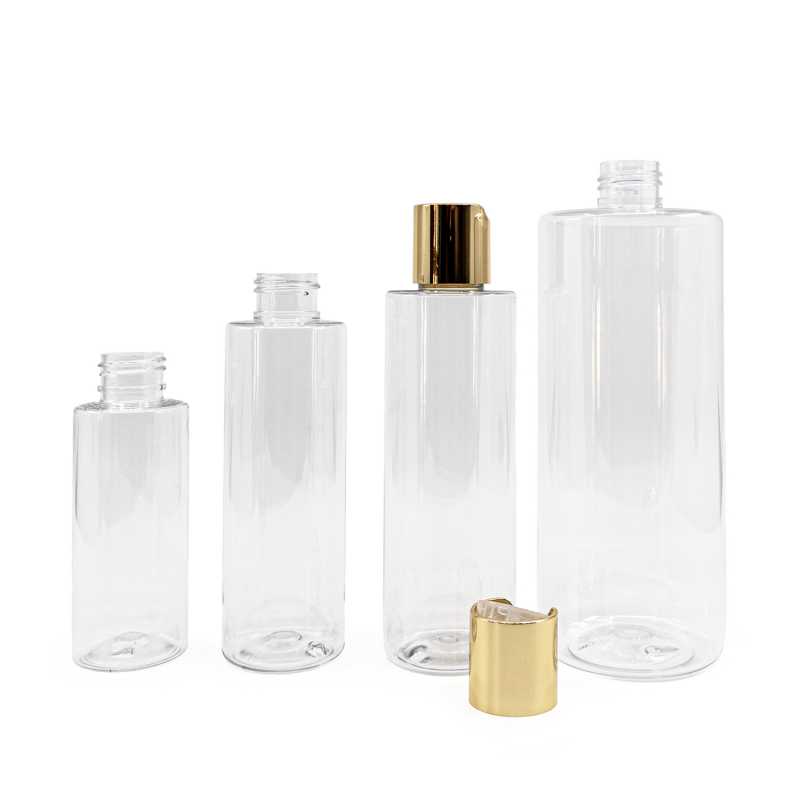Botella de plástico transparente, tapón disc-top dorado, 150 ml