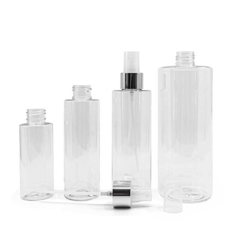 Botella de plástico transparente, pulverizador transparente, anillo plateado brillante, 200 ml