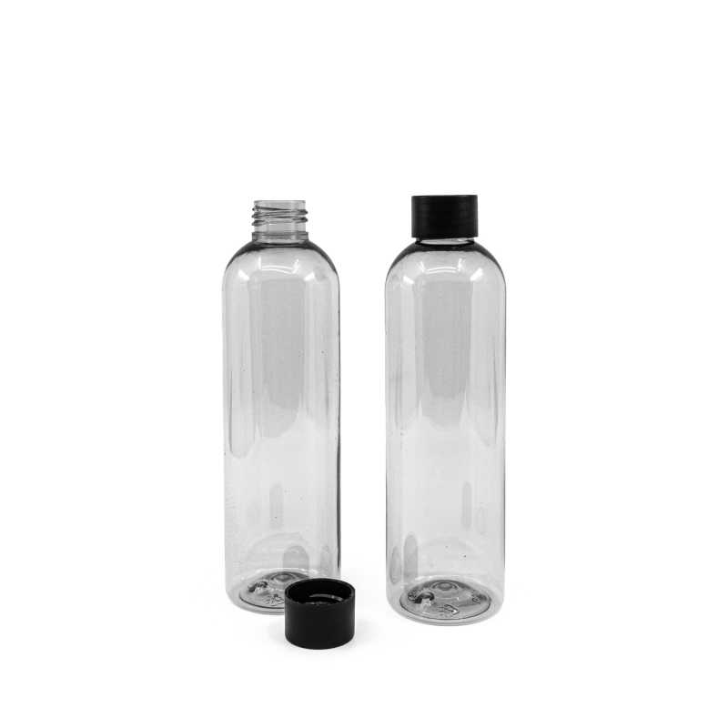 Botella de plástico reciclado, 24/410, tapón negro mate, 250 ml