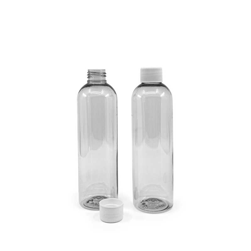 Botella de plástico reciclado, transparente, tapón blanco, 250 ml