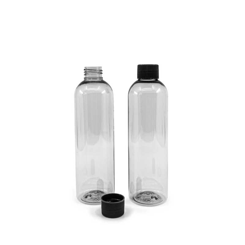 Botella de plástico reciclado transparente, 250 ml, tapón estriado negro