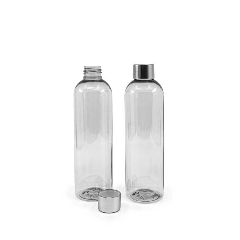 Botella de plástico reciclado, 250 ml, tapón plateado