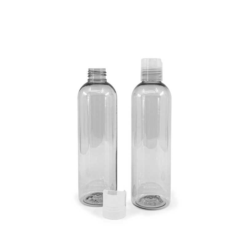 Botella de plástico reciclado, 250 ml, tapón disc-top transparente