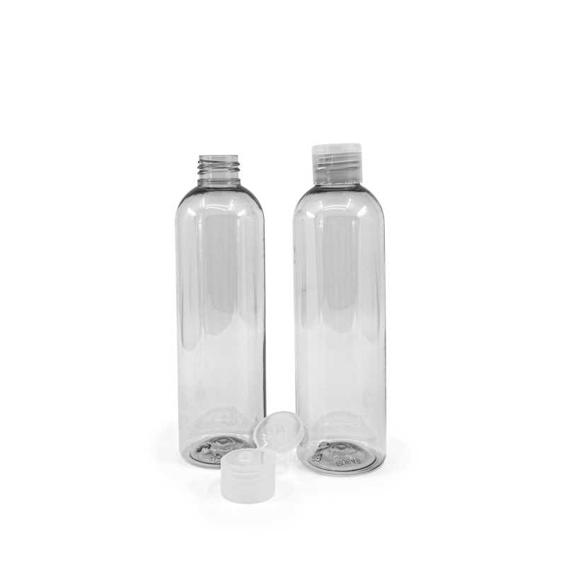 Botella de plástico reciclado, 250 ml, tapón flip-top transparente