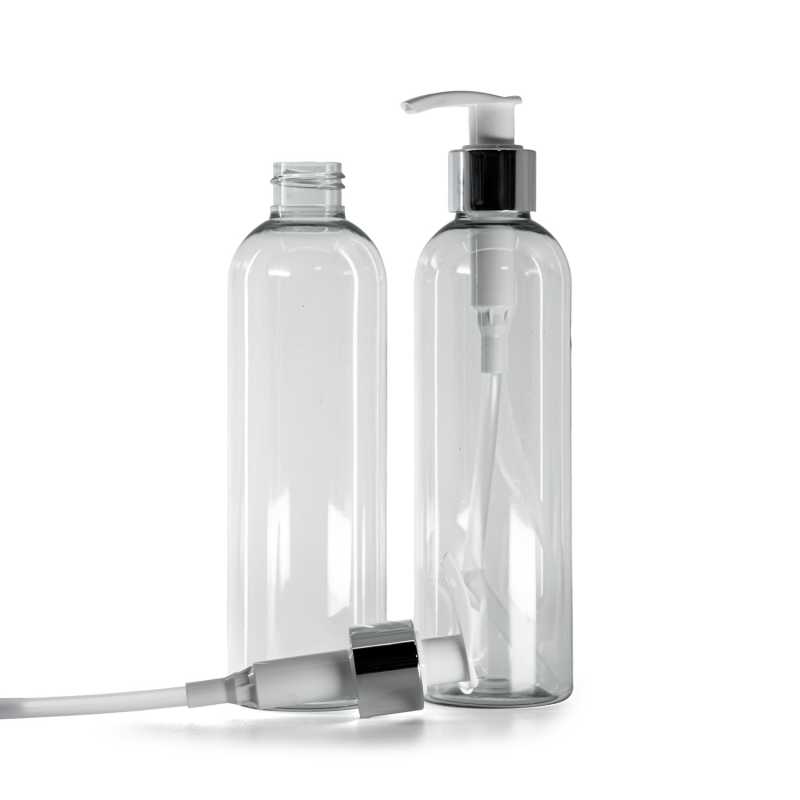 Botella de plástico reciclado, dispensador blanco y plateado, 250 ml