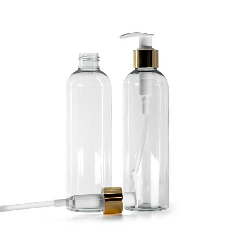 Botella de plástico reciclado, dispensador de crema blanco con cuello liso dorado, 250 ml