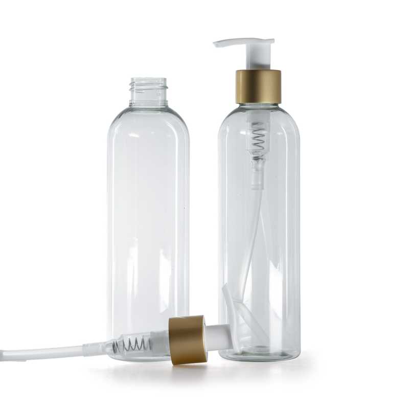 Botella de plástico reciclado, bomba loción blanca con cuello dorado mate, 250 ml