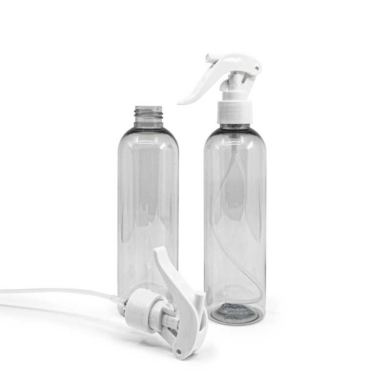 Botella de plástico reciclado, pulverizador de gatillo blanco, 250 ml