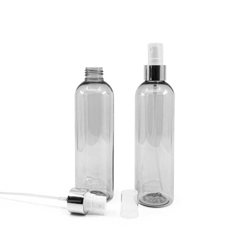 Botella de plástico reciclado, pulverizador blanco, collar plateado brillante, 250 ml