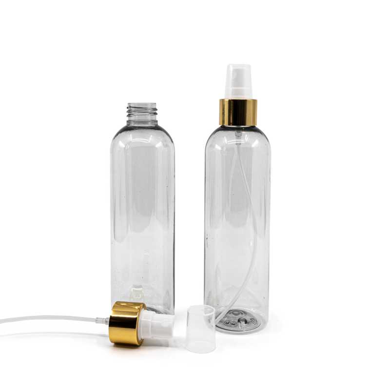 Botella de plástico reciclado, pulverizador blanco, anillo dorado brillante, 250 ml
