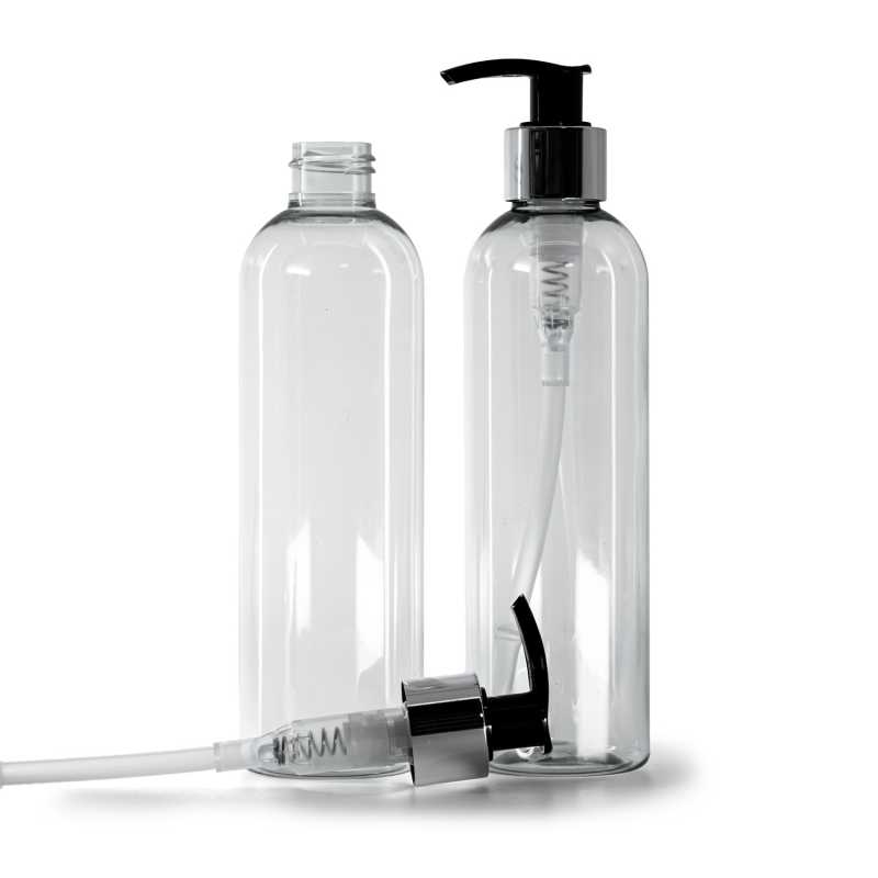 Botella de plástico reciclado, dispensador negro y plateado, 250 ml