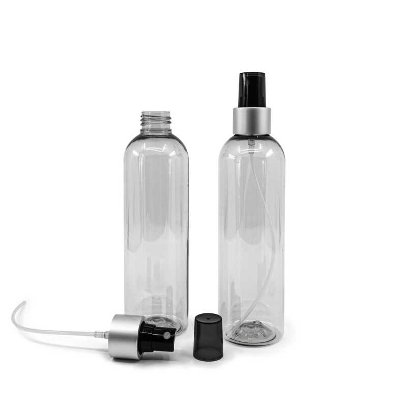Botella de plástico reciclado, pulverizador negro, anillo plateado mate, sobretapa ahumada, 250 ml