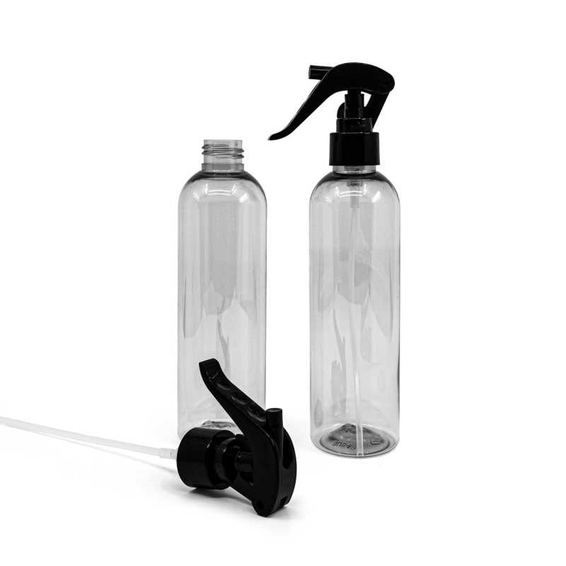 Botella de plástico reciclado, pulverizador de gatillo negro, 250 ml