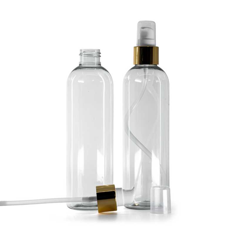 Botella de plástico reciclado, bomba para loción blanca con sobretapa dorada, 250 ml