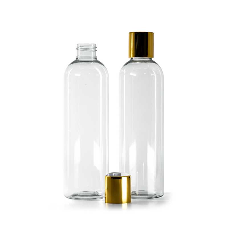 Botella de plástico reciclado, tapón disc-top de plástico blanco con collar de aluminio dorado, 250 ml