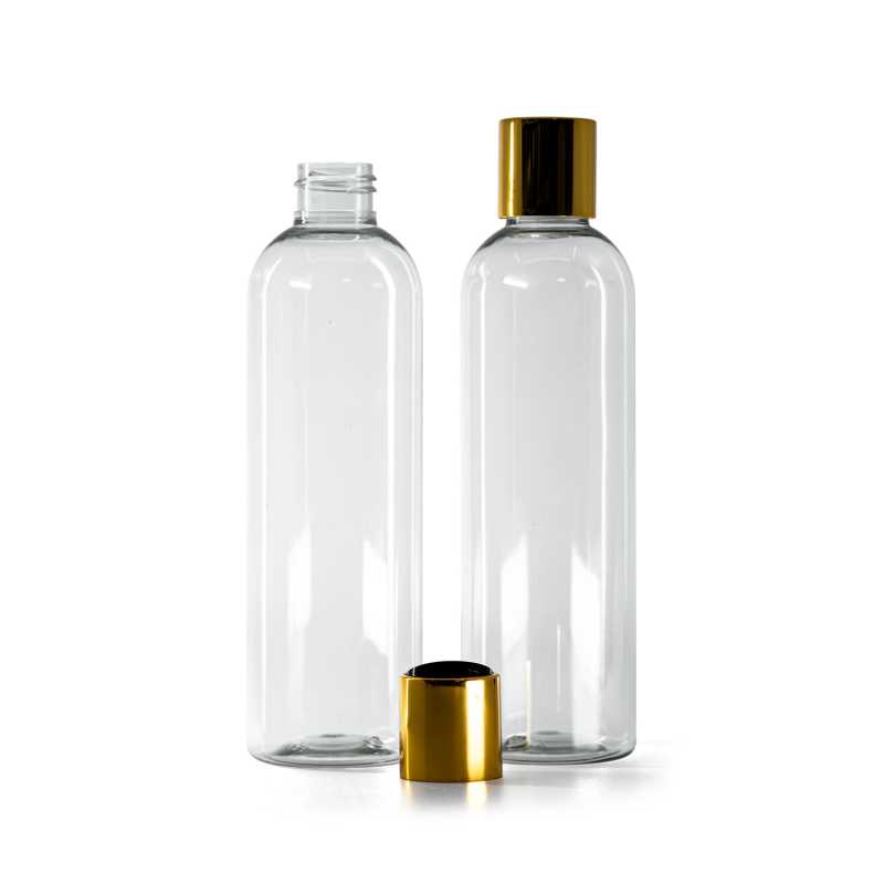 Botella de plástico reciclado, tapón disc-top dorado con inserto negro, 250 ml