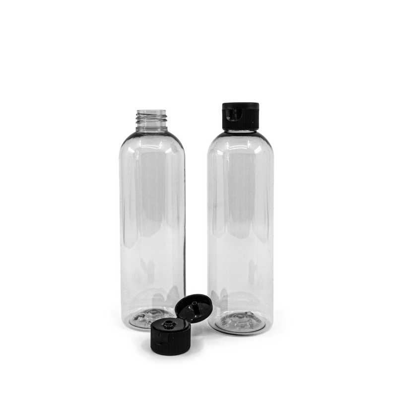 Botella de plástico reciclado, tapón flip-top negro, 250 ml