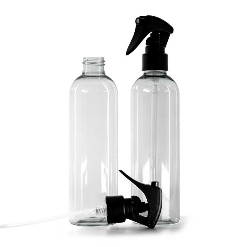 Botella de plástico reciclado, pulverizador de gatillo negro mate, anillo liso, 250 ml