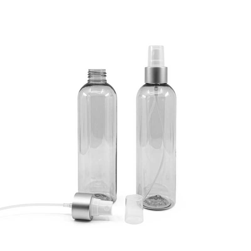 Botella de plástico reciclado transparente, pulverizador blanco, anillo plateado mate, 250 ml
