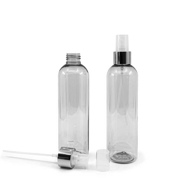 Botella de plástico reciclado, pulverizador transparente, anillo plateado brillante, 250 ml