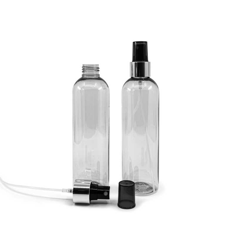 Botella de plástico reciclado, pulverizador negro, anillo plateado brillante, 250 ml