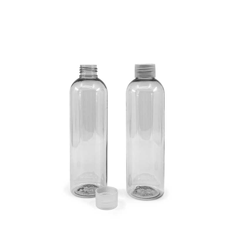 Botella de plástico reciclado, tapón transparente, 250 ml