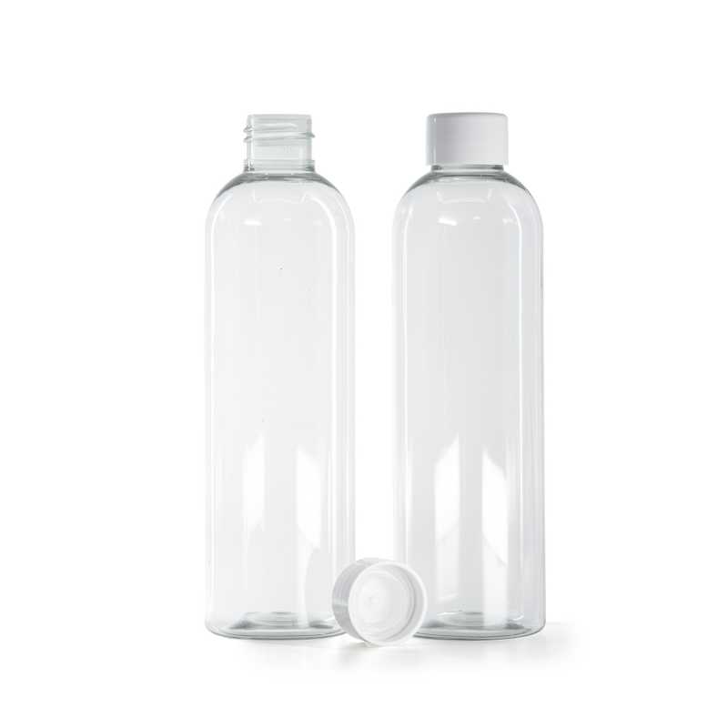 Botella de plástico reciclado, tapón blanco liso con reductor, 250 ml