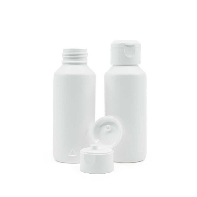Frasco de plástico HDPE blanco, tapón flip-top blanco, 100 ml
