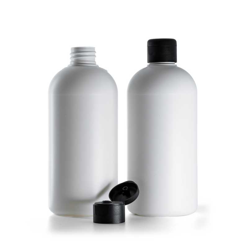 Botella de plástico HDPE blanca, tapón flip-top negro mate, 500 ml