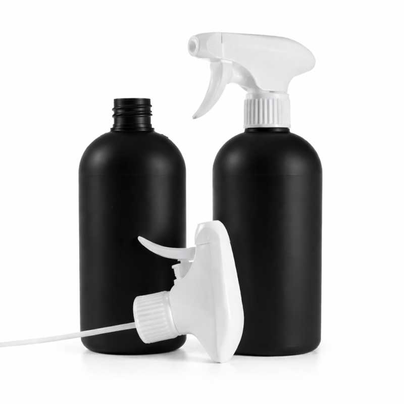 Botella de plástico HDPE negra, pulverizador de gatillo blanco, 500 ml