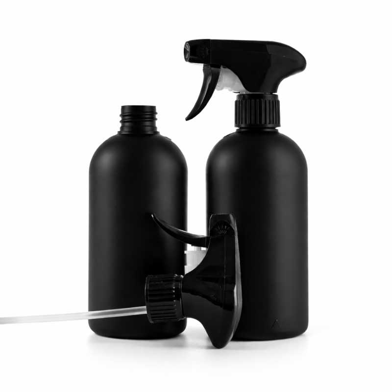 Botella de plástico HDPE, negra, pulverizador de gatillo negro, 500 ml