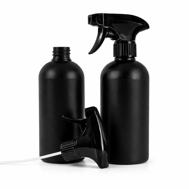 Botella de plástico HDPE negra, pulverizador negro, 500 ml