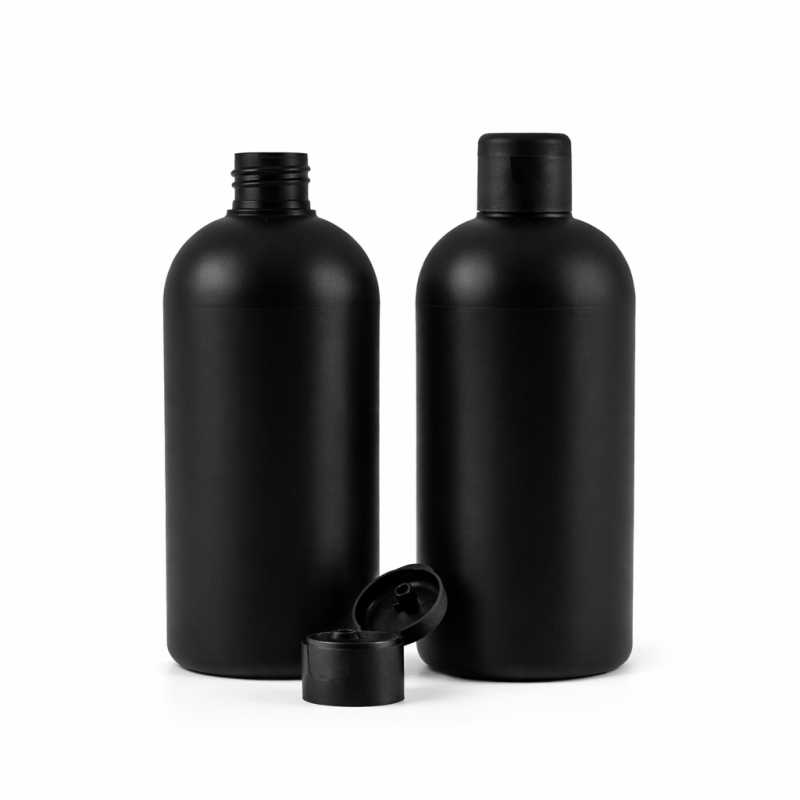 Botella de plástico HDPE negra, tapón flip-top negro mate, 500 ml