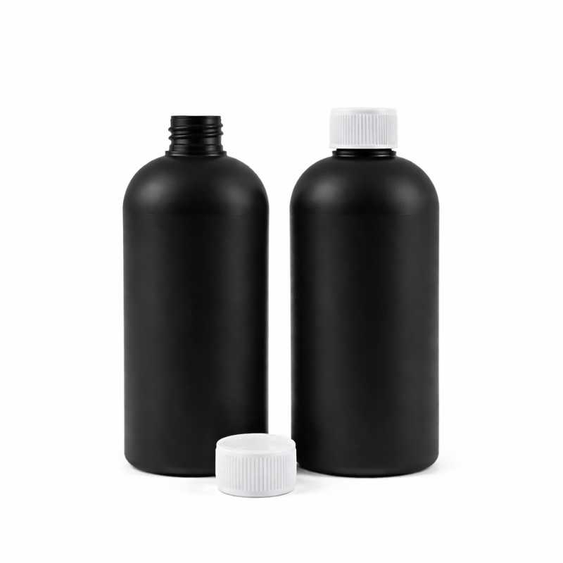 Botella de plástico HDPE negra, tapón con cierre de seguridad, 500 ml