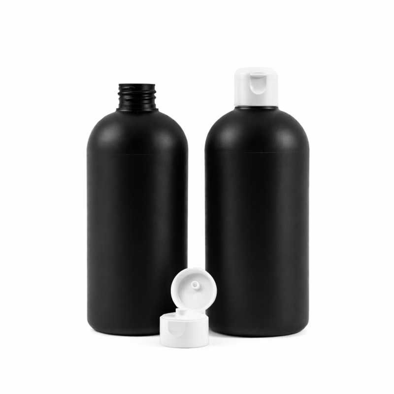 Botella de plástico HDPE negra, tapón flip-top, 500 ml