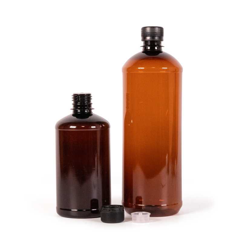 Botella de plástico marrón, tapón negro inviolable con cuentagotas, 1000 ml