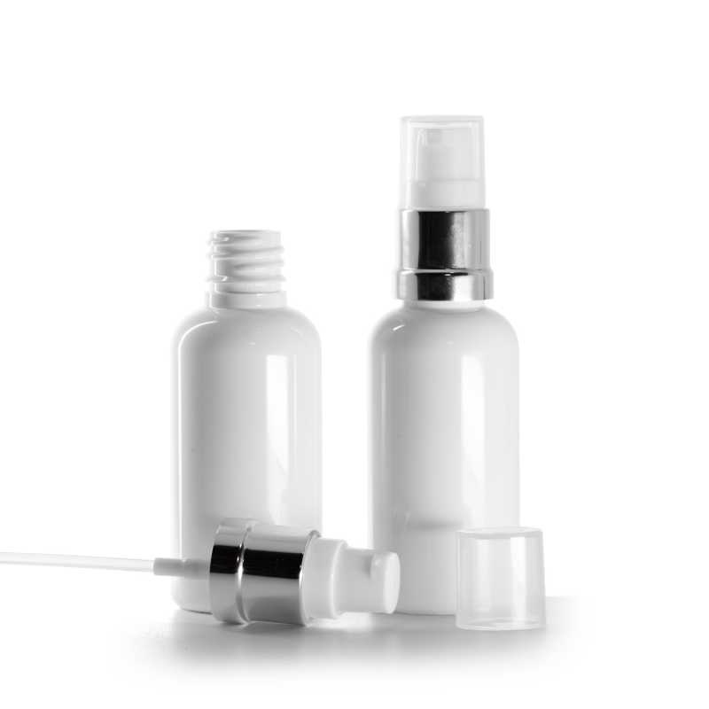 Botella plástica, blanca, dispensador blanco plateado brillante, 50 ml