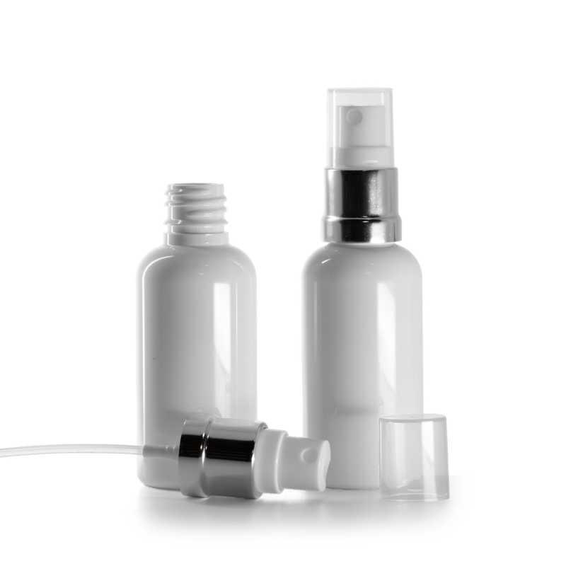 Botella de plástico, blanca, pulverizador blanco plateado, 50 ml