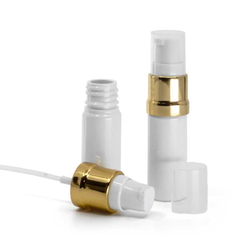 Botella de plástico, blanca, dosificador blanco dorado brillante, 10 ml