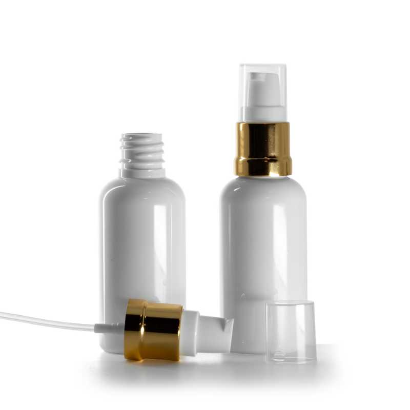 Envase de plástico, blanco, dosificador blanco dorado brillante, 50 ml