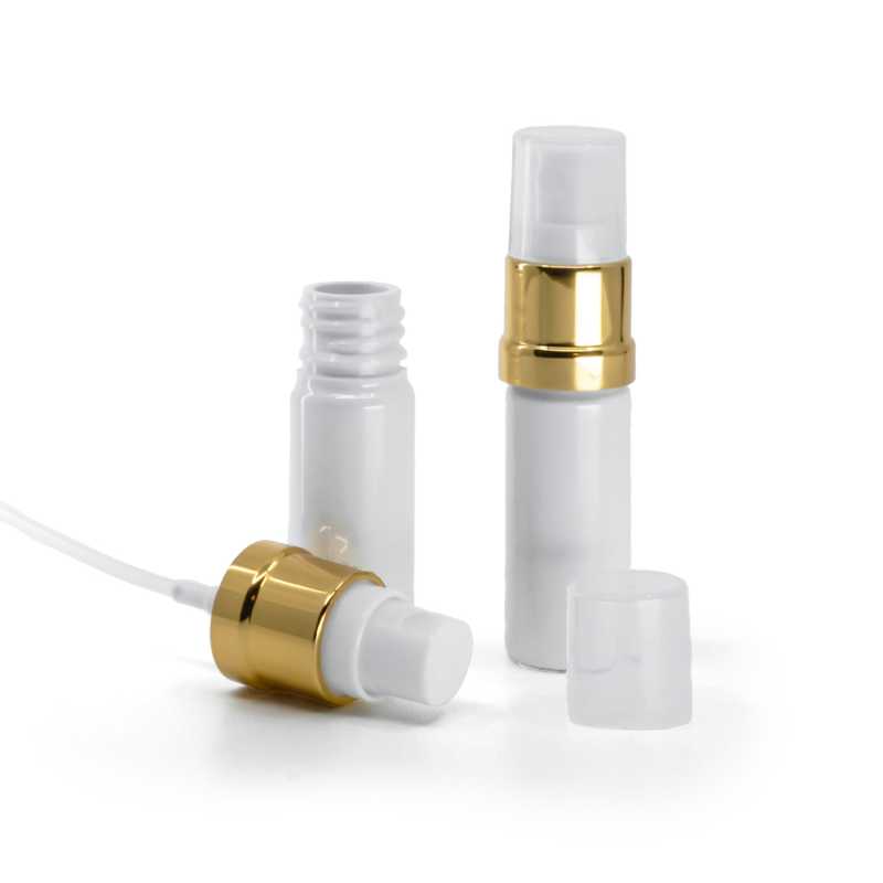Botella de plástico, blanca, pulverizador blanco dorado, 10 ml