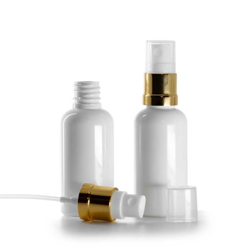Botella de plástico, blanca, pulverizador blanco y dorado, 50 ml