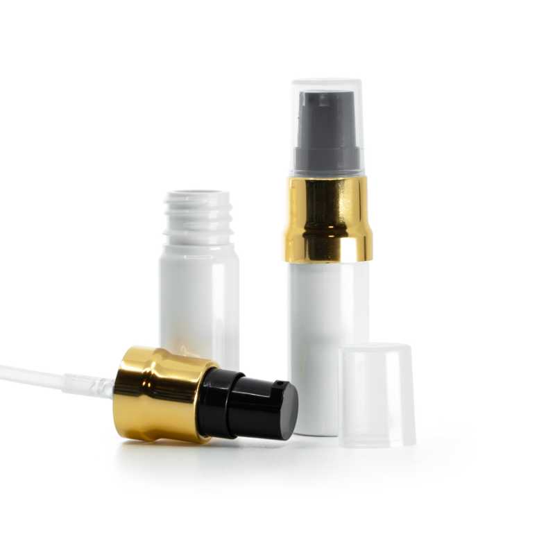Envase airless, plástico, blanco, dosificador negro y dorado brillante, tapa transparente, 10 ml