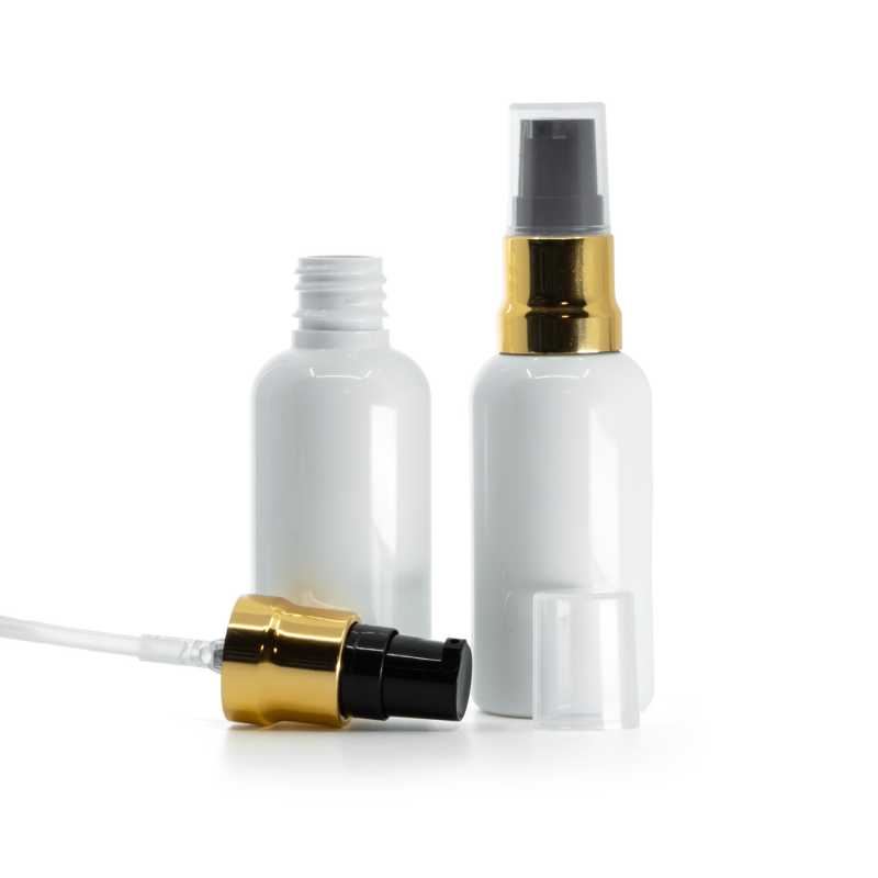 Frasco de plástico, blanco, dispensador negro y dorado brillante con tapa transparente, 10 ml