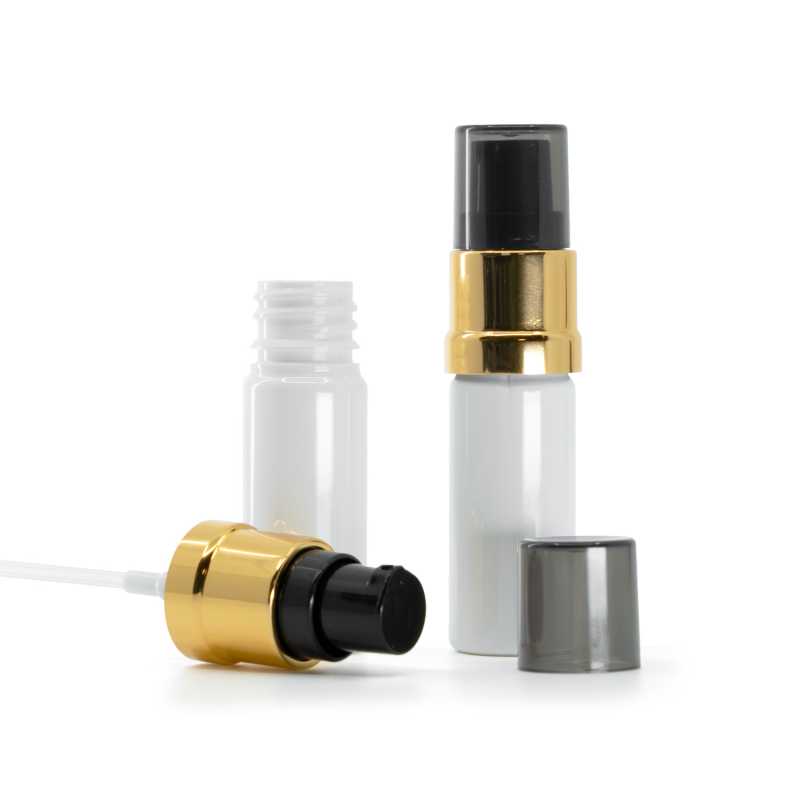 Frasco de plástico blanco, dispensador negro y dorado brillante con sobretapa ahumada, 10 ml