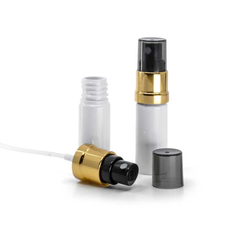 Frasco de plástico blanco, pulverizador negro y dorado, sobretapa ahumada, 10 ml