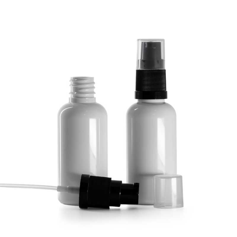 Botella de plástico, blanca, dispensador de loción negro, 50 ml