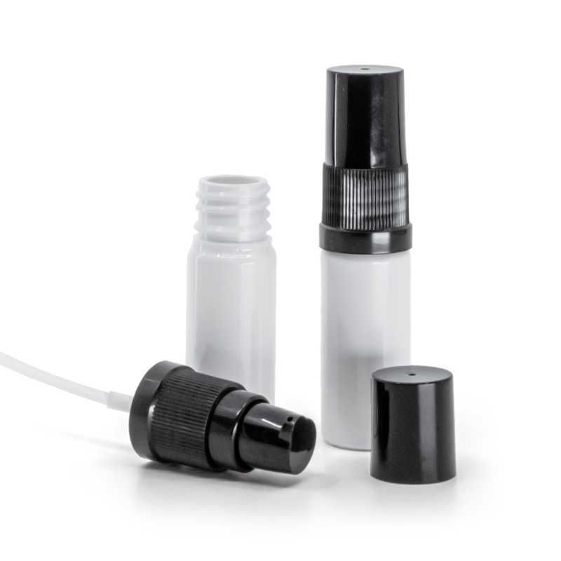 Botella de plástico, blanca, dispensador de loción negro con tapa protectora negra, 10 ml